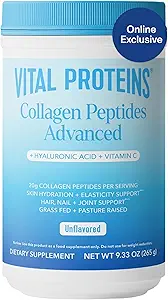 Image of an Vital Proteins Grass Fed Collagen Powder Supplement Hydrolyzed Peptides with Hyaluronic Acid and Vitamin C.