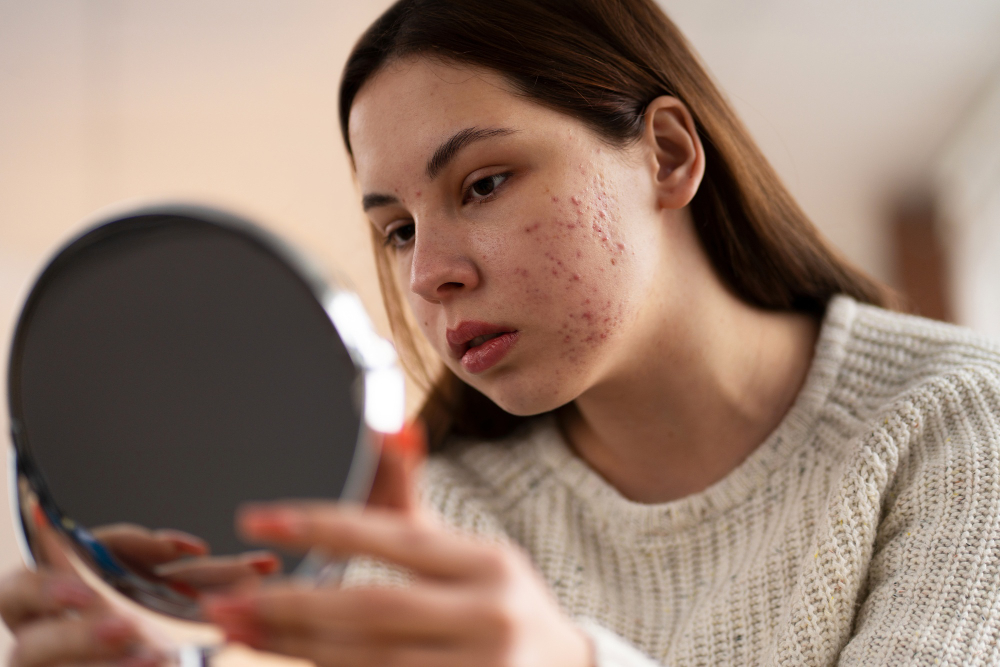 A girl looks right into a mirror, her face showing signs of rosacea.