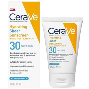 Image of an CeraVe Hydrating Sheer Sunscreen SPF 30 for Face and Body.