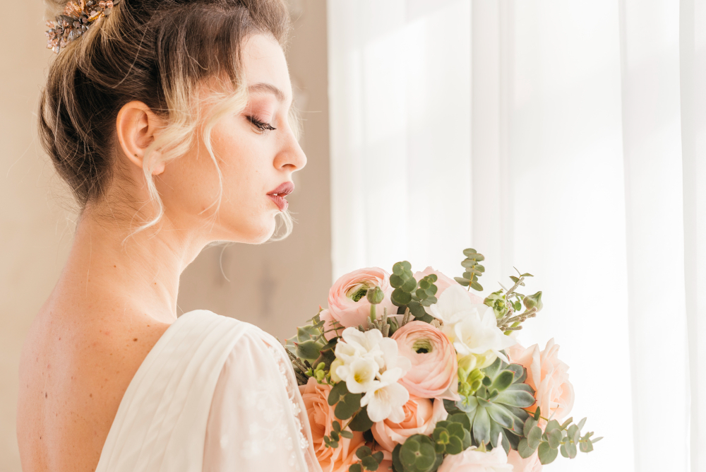 Bride with flowers and her wedding skincare routine: glowing skin for the victory.