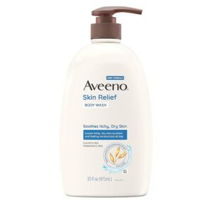 Image of an Aveeno Skin Relief Body Wash with Triple Oat Formula Soothes Itchy and Dry Skin.