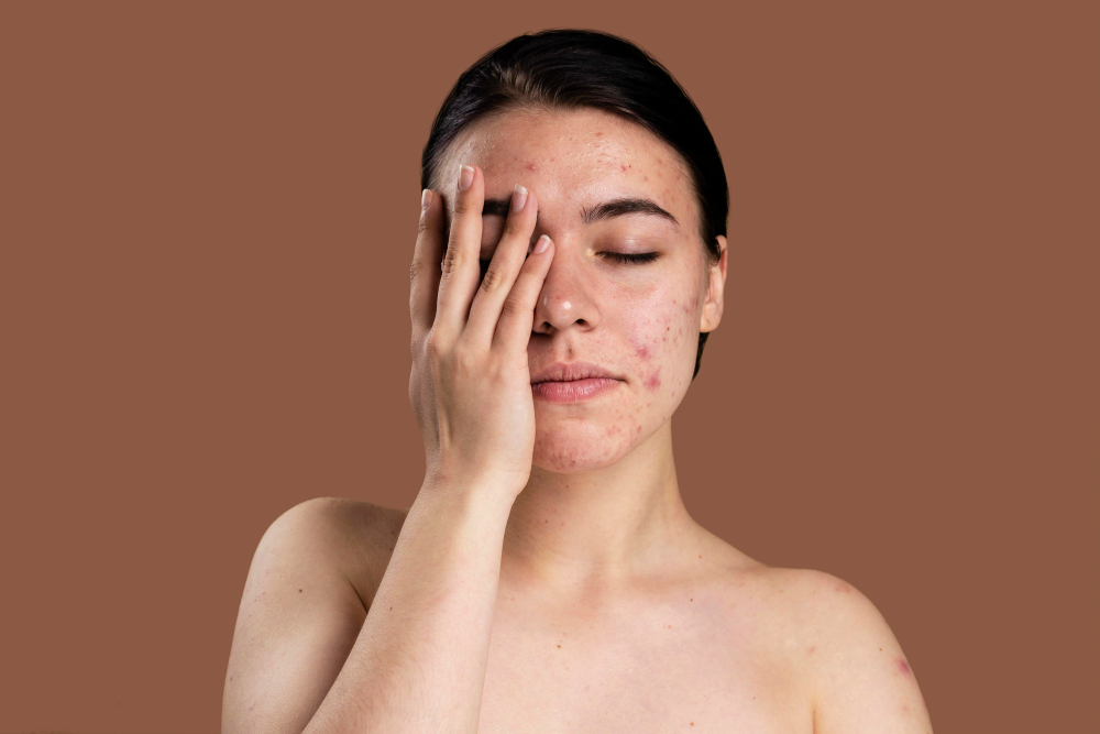 A lady with acne on her face illustrates the reality of skin conditions and the importance of self-popularity.