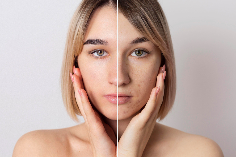 A woman with hyperpigmentation on her face illustrates the reality of skin conditions and the importance of acceptance.