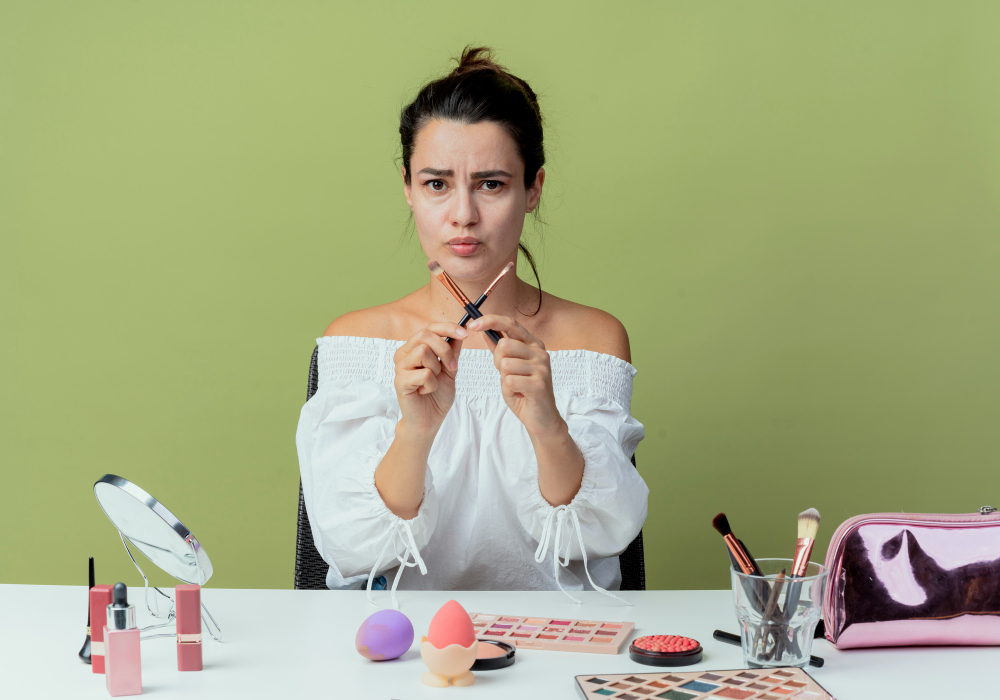 A woman is displaying Acne Habits to Break: Secrets for Clear Skin while seated at a table.