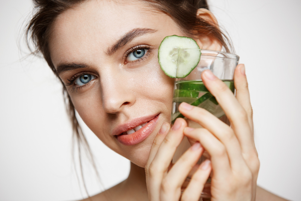 A girl is visible retaining a glass of water, greater with a slice of cucumber, symbolizing hydration and well-being, which indicates vegan skincare. 