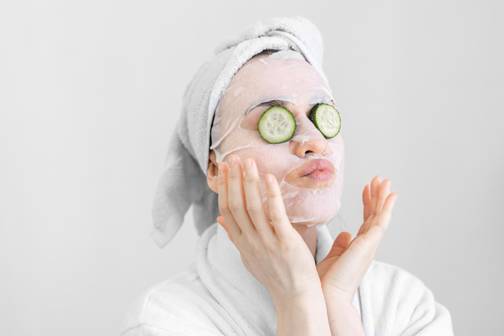 Young woman with sheet mask on her face.