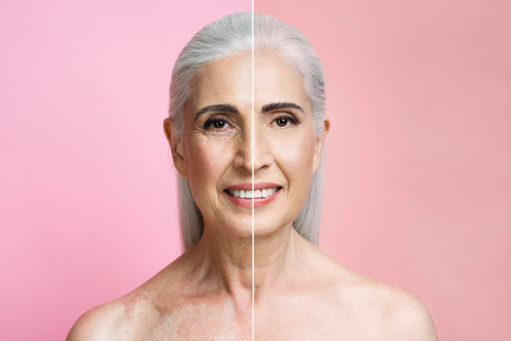 The split face of a young and old woman illustrates the concept of anti-aging.