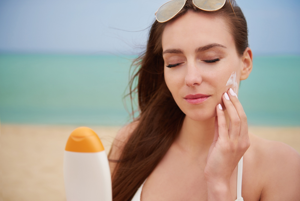 Sunscreens applied by beautiful women.