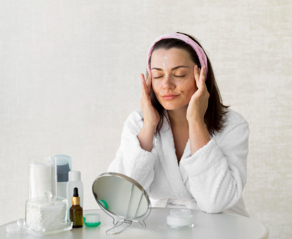 Young woman using lactic acid for skin care.