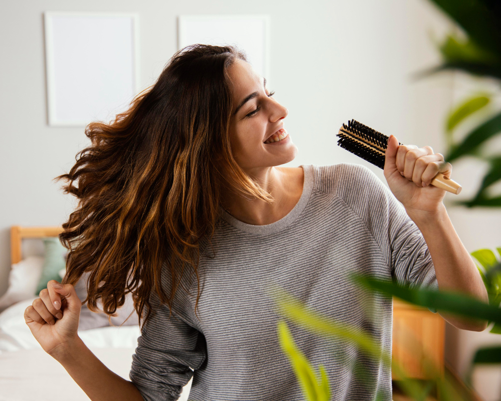 A happy woman singing and doing a hair care routine.