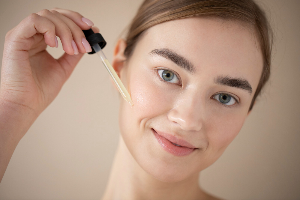 Young women using facial oil.