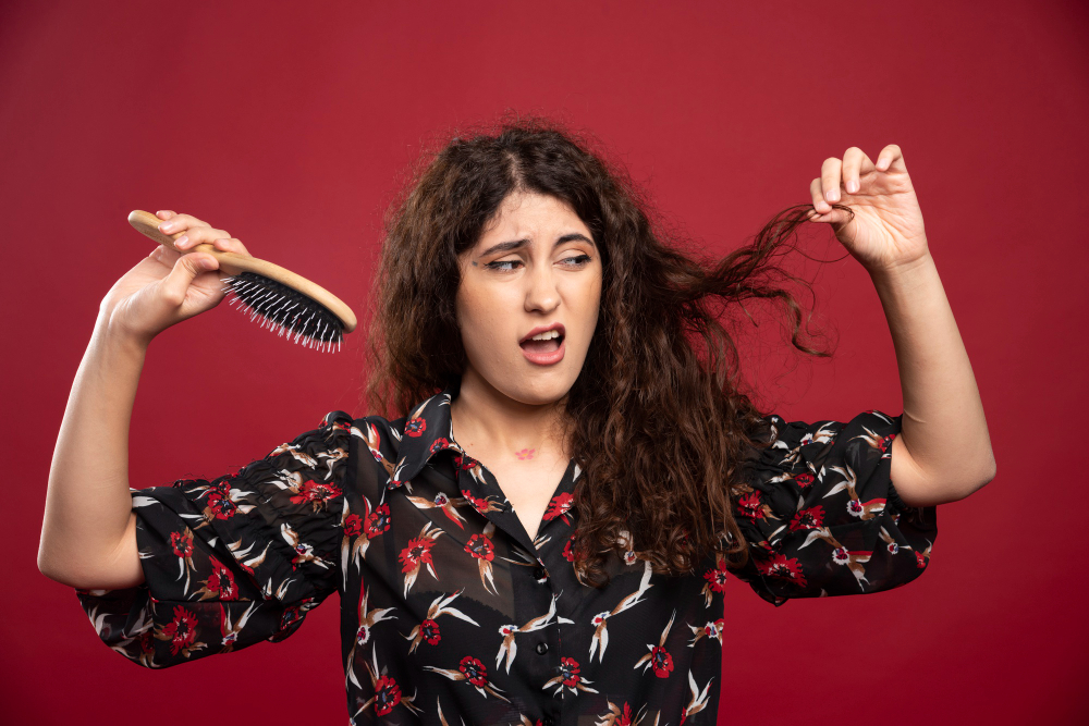 A woman with frizzy hair who struggles.