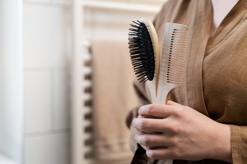 Young adult holding brush and comb.