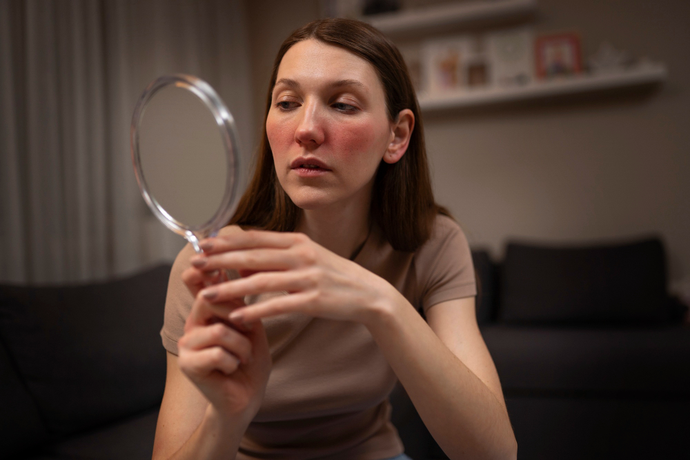 Woman looking at her rosacea in the mirror.